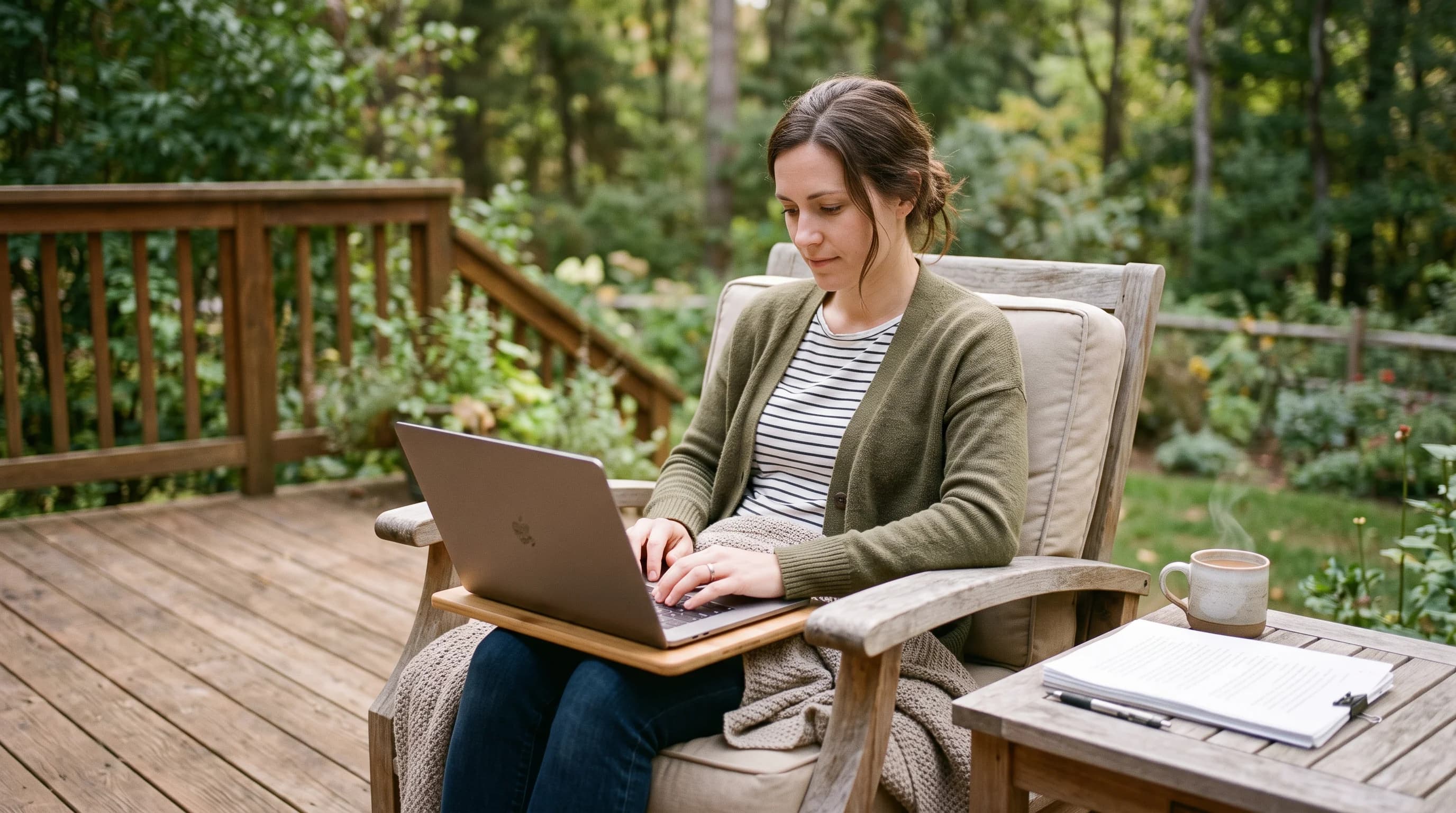 Author working on a laptop outdoors with writing materials, representing the personal stories and ideas behind a book