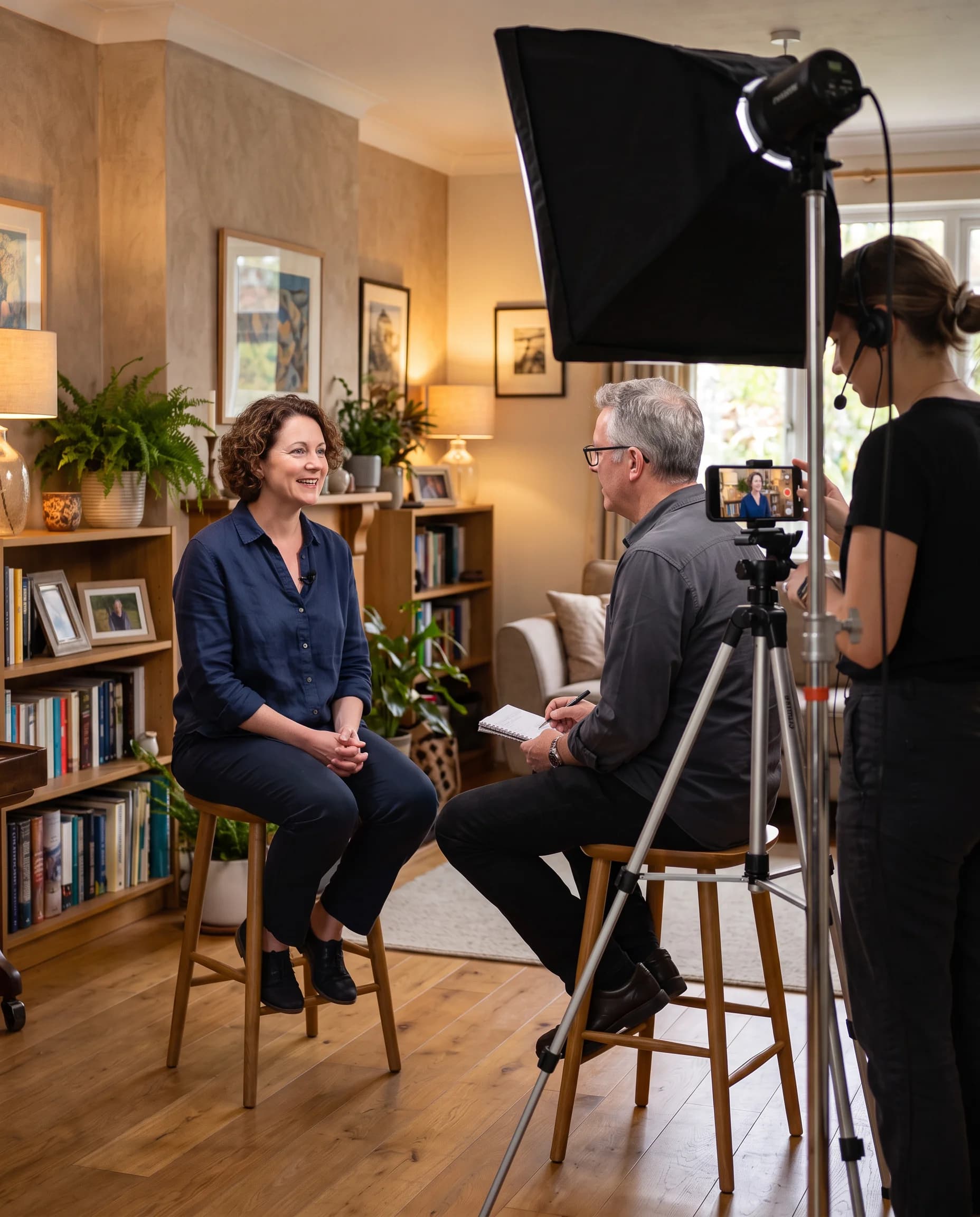Author interview being filmed with professional camera, lighting, and production crew in a home setting