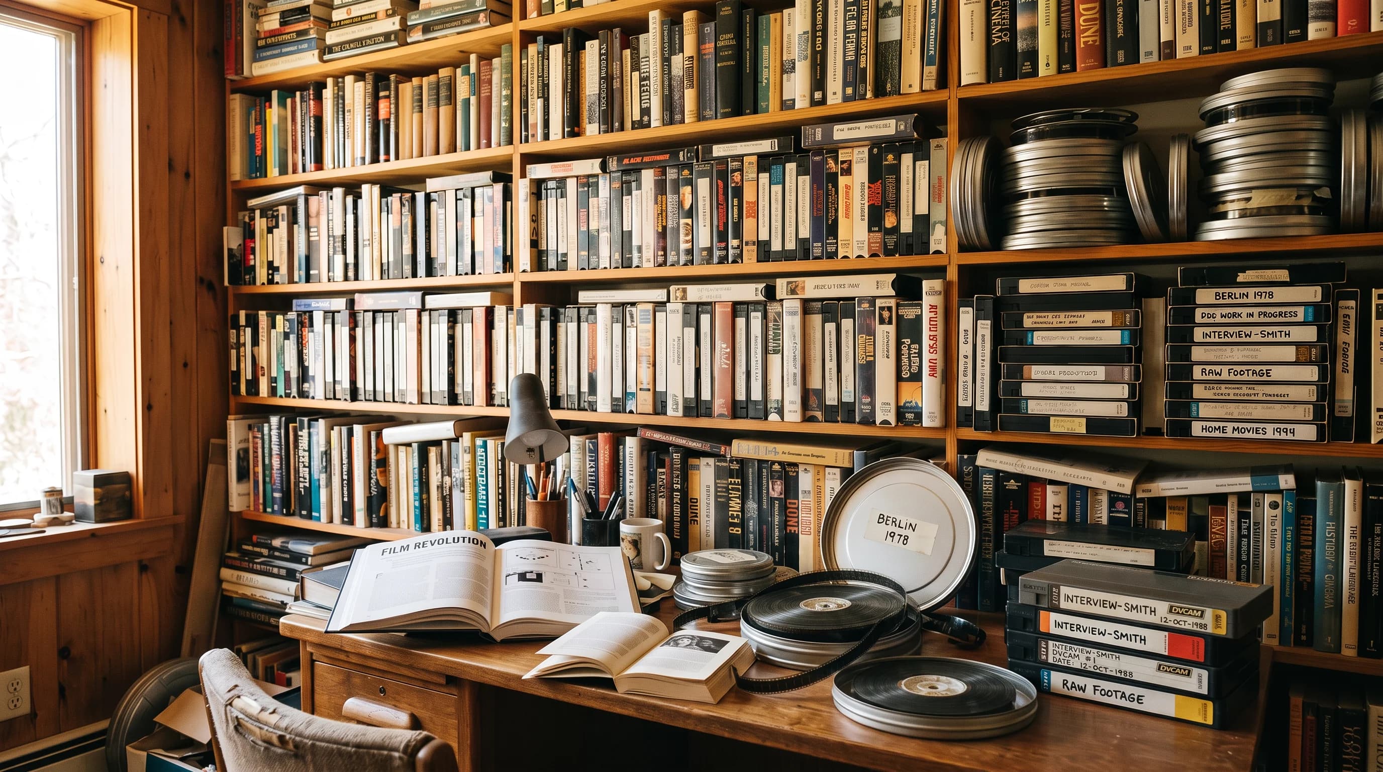 Riveter Studio library with books, film reels, video tapes, and open books representing the connection between literature and cinema