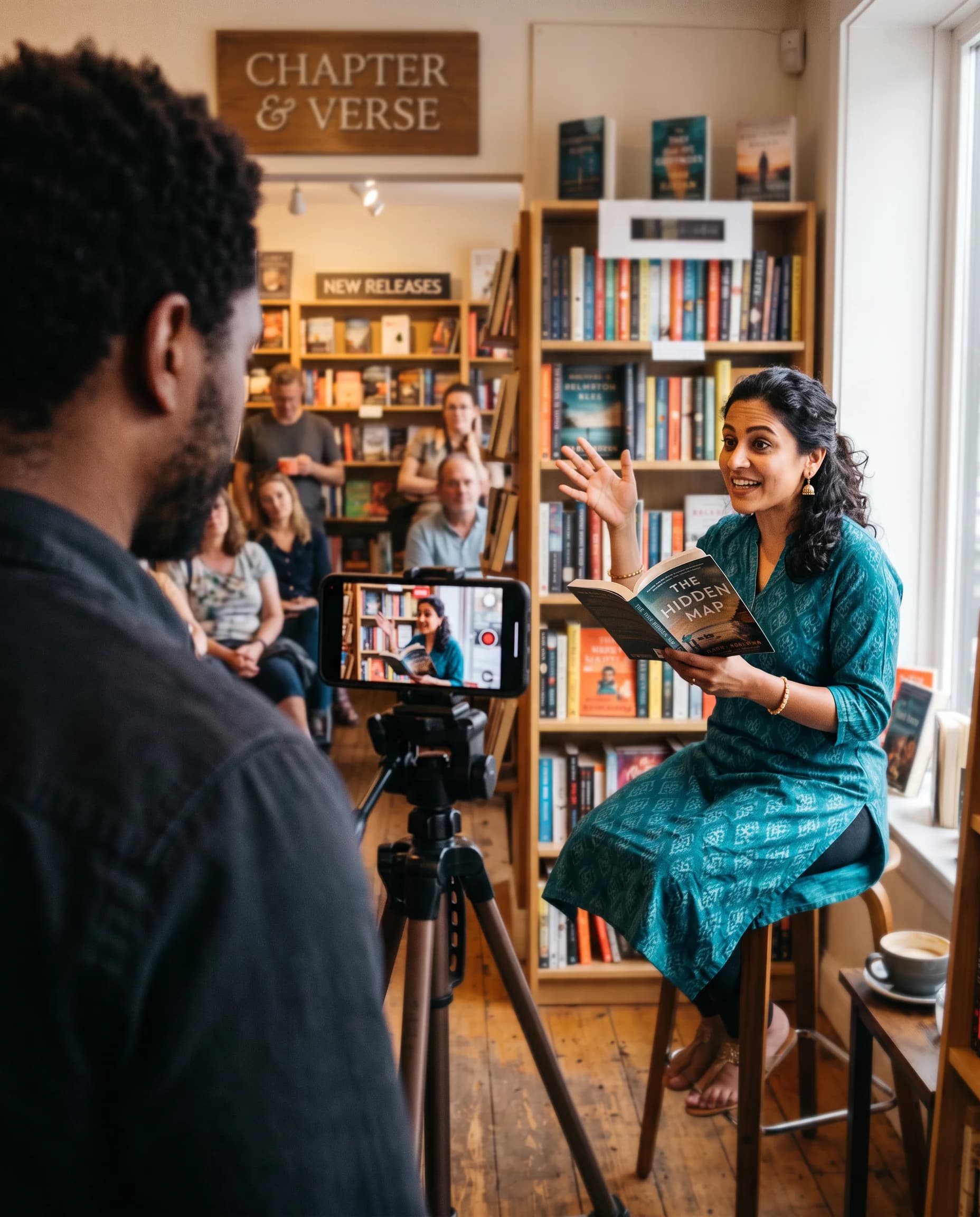 Author being filmed for a cinematic interview in a bookstore, connecting literature with film and storytelling