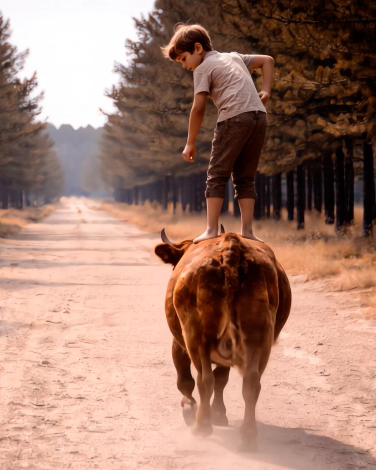 Child riding a bull down a rural road, representing imagination, adventure, and stories brought to life through film